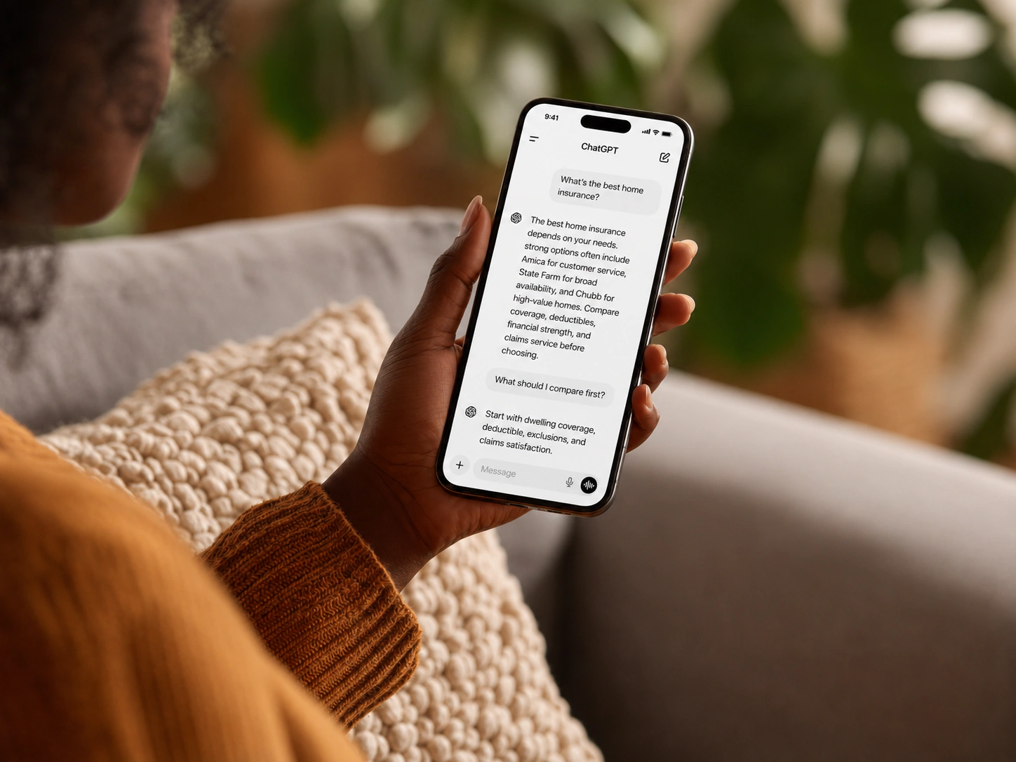 A customer reading a home insurance recommendation in ChatGPT